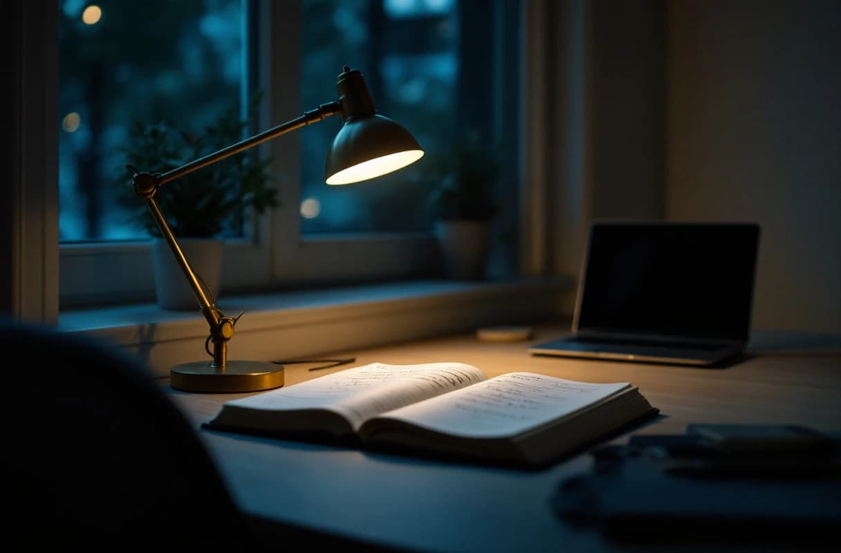 A quiet practice office desk by a window with an open notebook and a desk lamp.