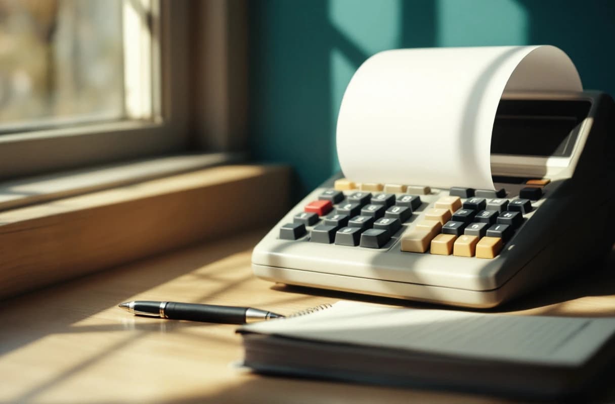 An old desktop calculator with a blank paper roll curling across a wooden desk in raking light.