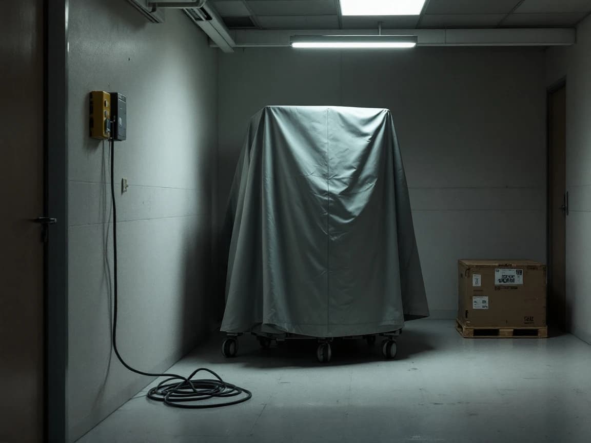 A large piece of clinical equipment under a fitted dust cover in a clinic storeroom.