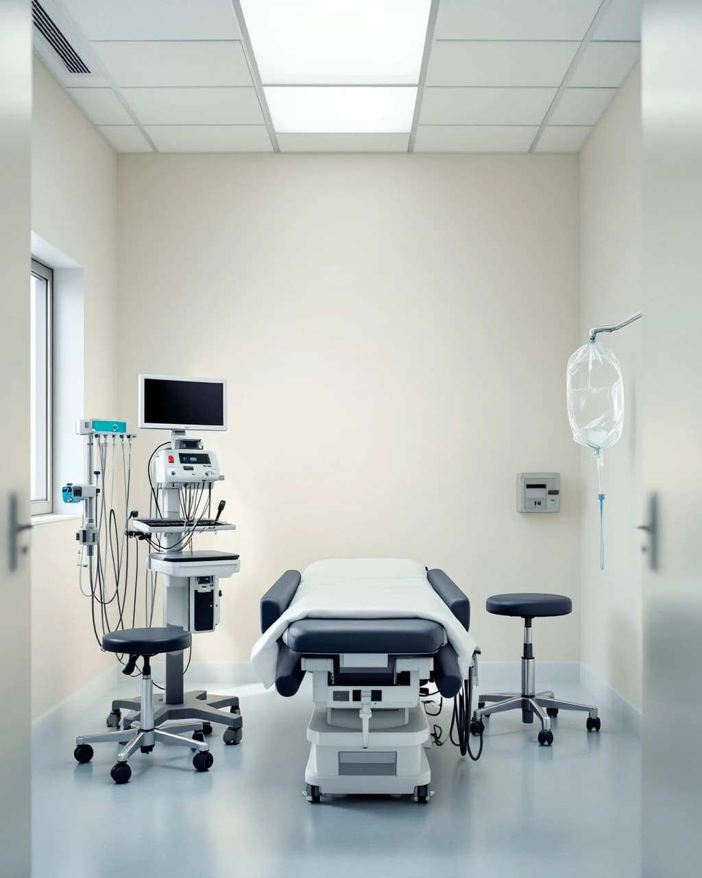 An empty urology endoscopy suite in calm daylight, procedure table and endoscopy tower ready for the list.