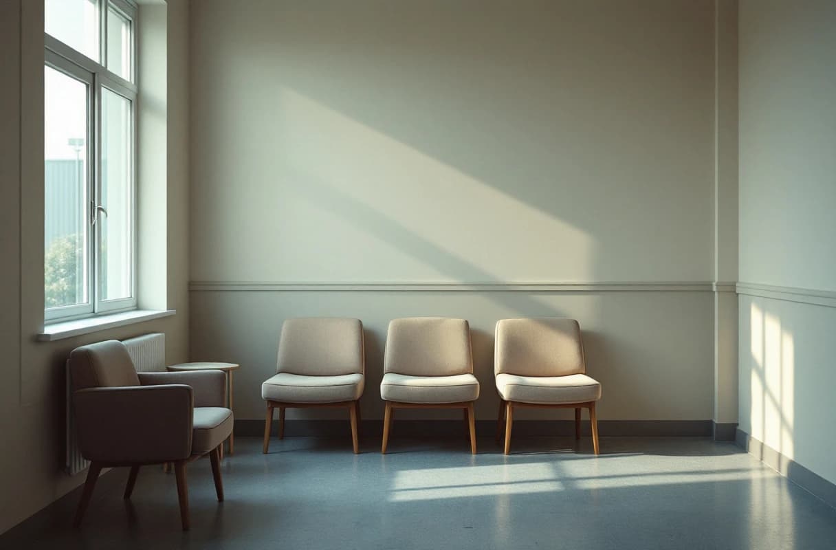 An empty clinic waiting area in early-morning light, chairs aligned along a wall.
