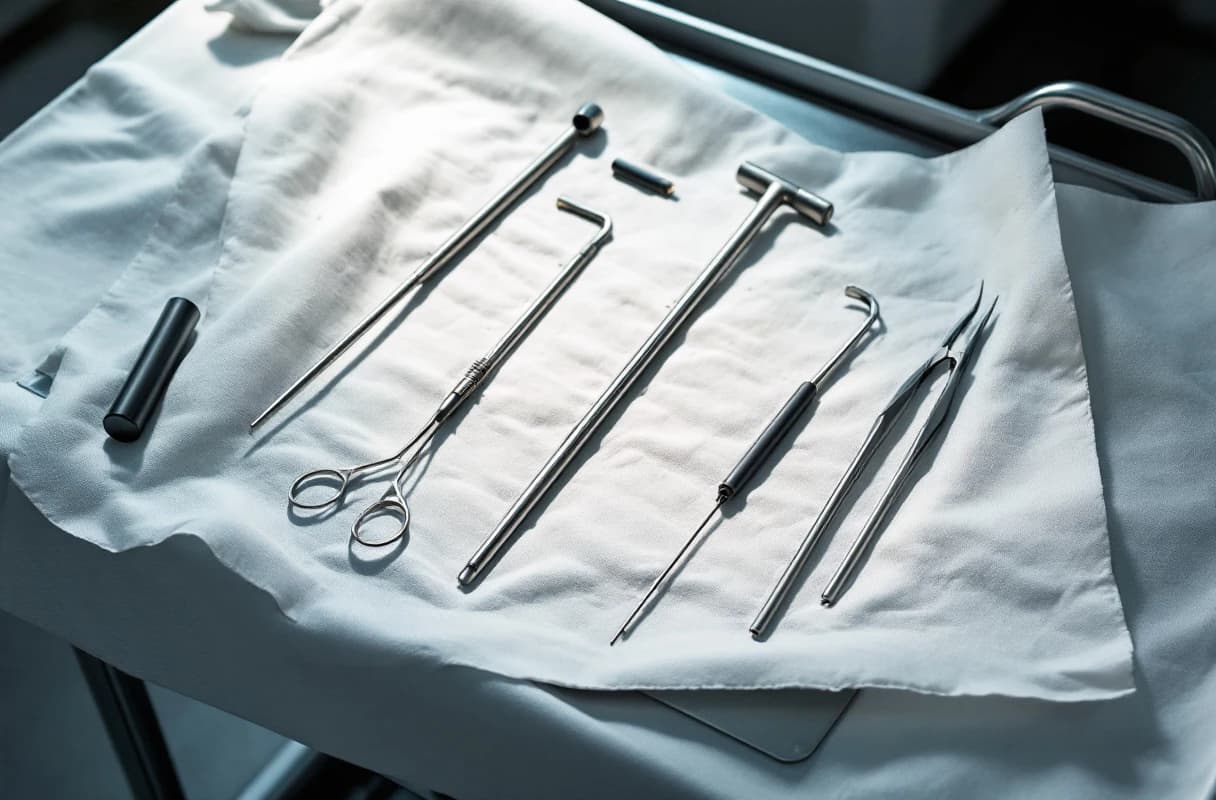 Long rigid endoscopic instruments laid parallel on a sterile drape in a urology procedure room.